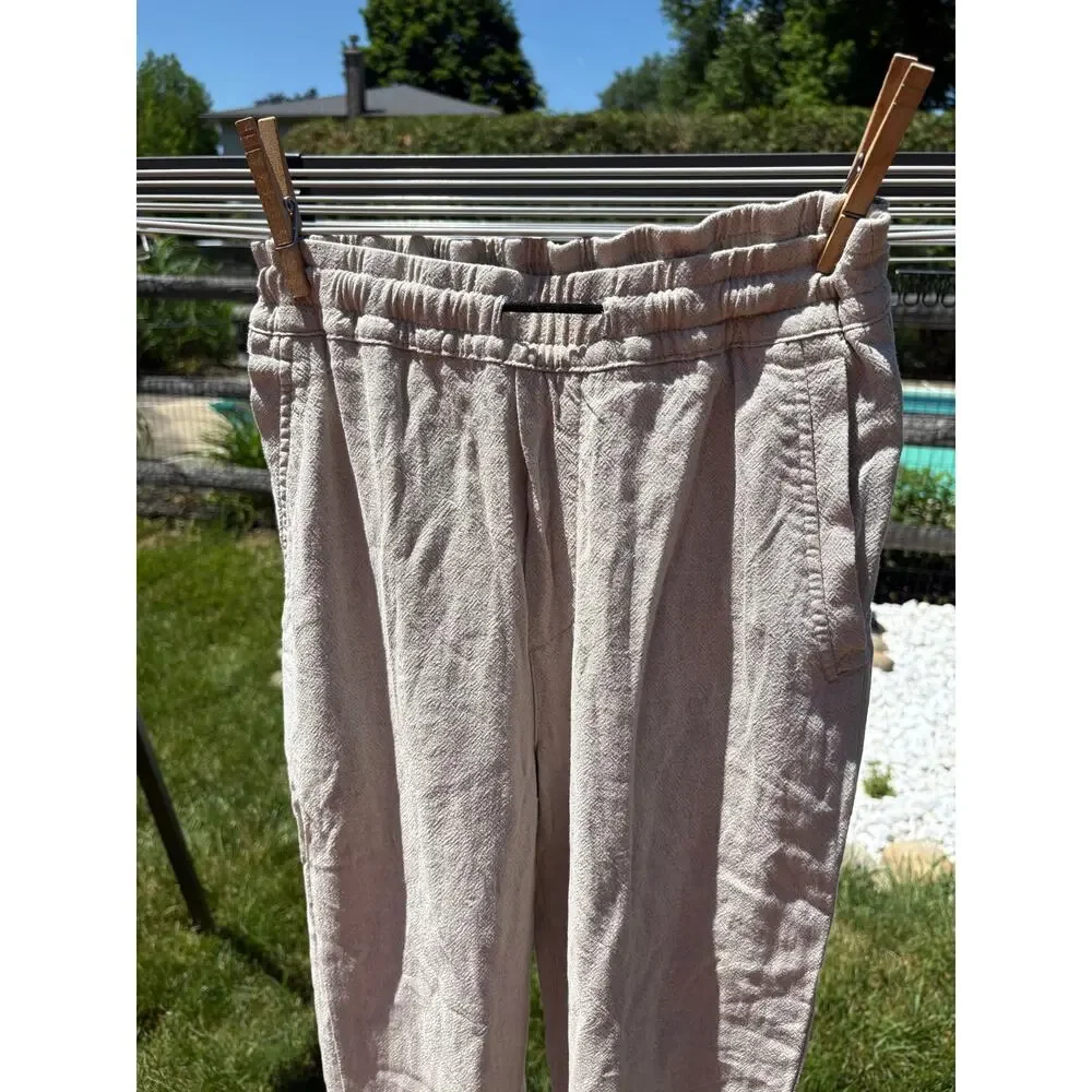 Zara Beige Linen Blend Jogger Pants Small Elastic Waist Beach Casual Lightweight
